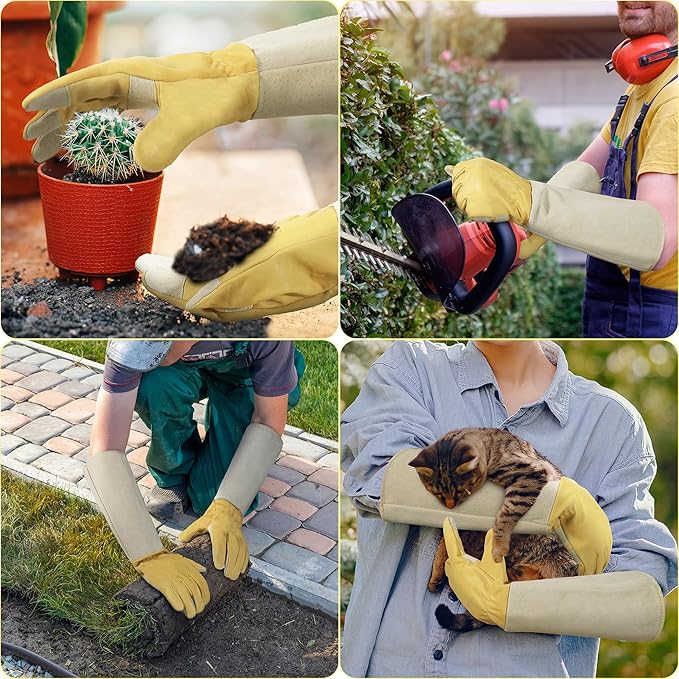 HANDLANDY Rose Pruning Gardening Gloves for Men Women, Thorn Proof Forearm Protection Leather Garden Gloves, Gardening Gifts for Gardeners (Beige- goatskin, Small (Pack of 1))