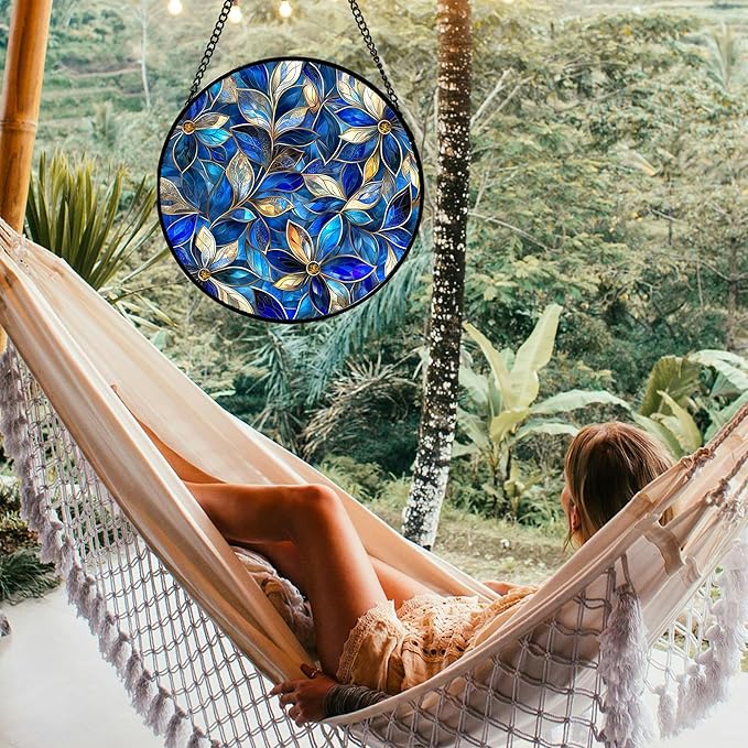 JOSUMALY Stained Glass Window Hanging - Blue Gold Abstract Flowers Suncatcher for Door Terrace Garden Home Decor, Plant Sun Catcher Birthday Gifts for Lovers Women Men Dad Mom Nana 9.8 in