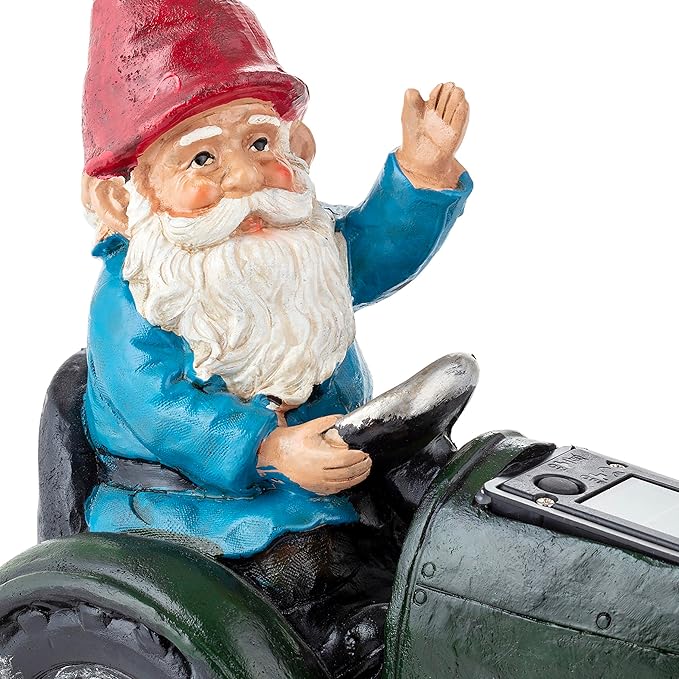 Alpine Corporation WQA1378SLR-GN Outdoor Garden Gnome Riding Green Tractor Solar Yard Statue Decoration with LED Lights, 10"