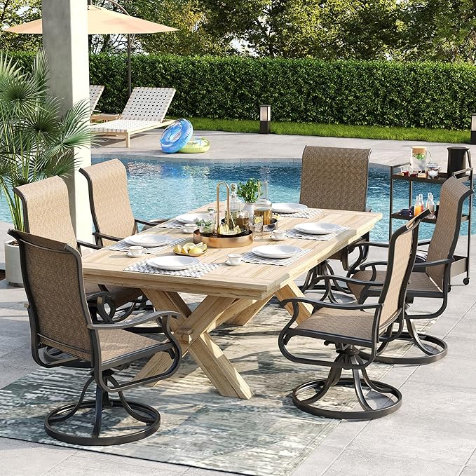 Patio Swivel Chairs Set of 6, Outdoor Dining Chairs with High Back, All-Weather Swivel Rocker Chair for Lawn, Porch or Garden (Brown)
