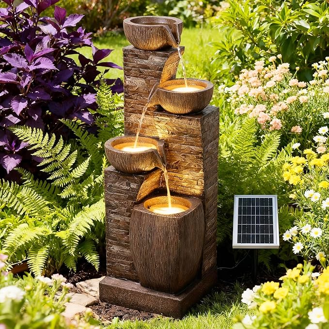 Solar Water Fountain Outdoor Garden, 38.2" Tall Stone Texture Modern Outdoor Fountain with 4 Tiers Cascading Bowls and Pump Solar Panel for Patio, Deck, Porch, Backyard Home Decor