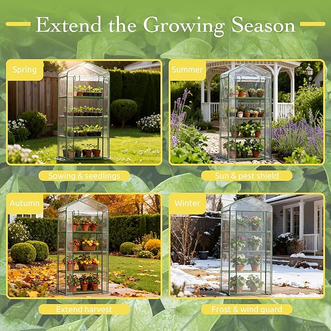 Mini Greenhouse for Outdoor Indoor, 4 Tier Shelves Small Green House for Winter, Portable Greenhouses with PE-Coated Metal Frame Heavy Duty PVC Cover, Plant Rack Stand House 2.3x1.6x5.2ft