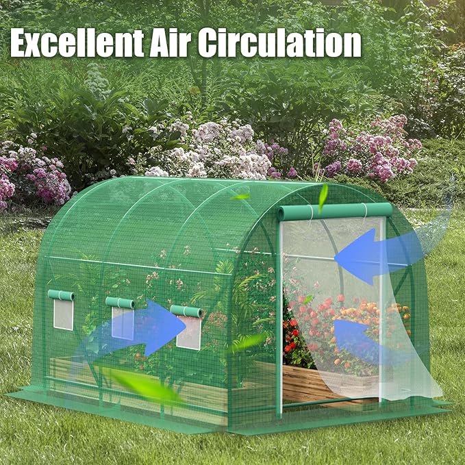 10x10x7 Greenhouse, Portable Green House for Outside, Greenhouses Kit for Outdoor with Metal Frame, Thicken PE Cover, Ground Nail and Fixed Ropes (Green Cover)
