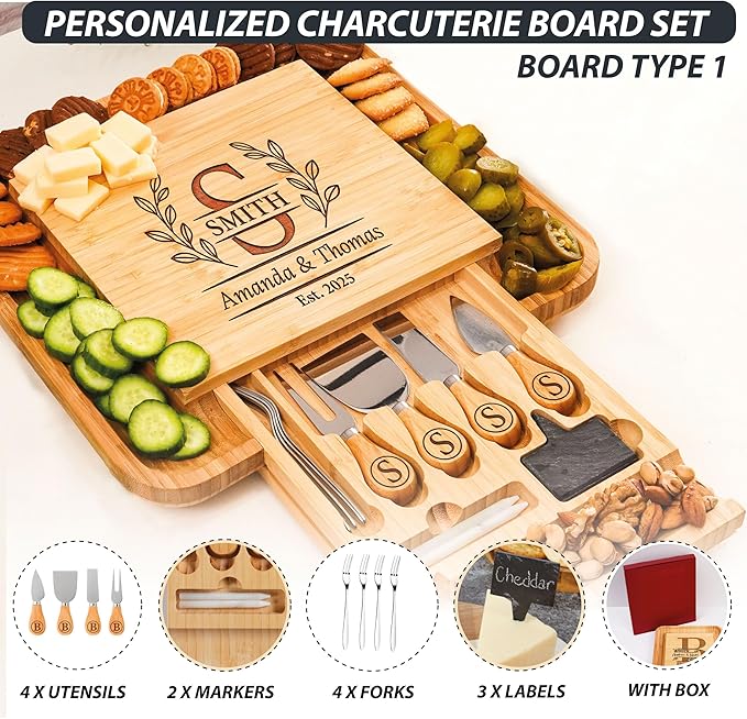 Personalized Charcuterie Board for Christmas 2025 Gifts, Custom Engraved Wood Cheese Board for Couples, Unique Wedding, Engagement, Anniversary, Bridal Shower & Housewarming Gift, Custom Serving Tray
