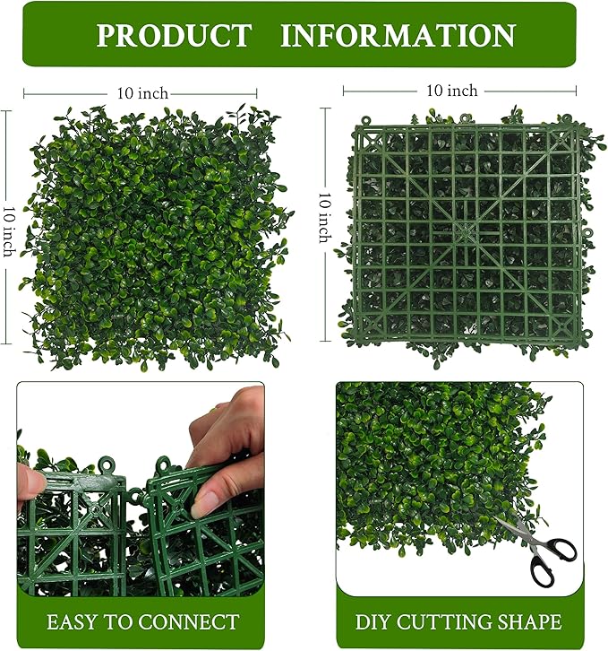 DOPGIB Artificial Grass Wall Panel,10"x 10"(8P) 4-Layer Leaf UV-Anti Greenery Faux Boxwood for Indoor,Outdoor Patio Balcony Privacy & Ivy Fence Covering Privacy, Garden, Backyard Wall Backdrop Decor
