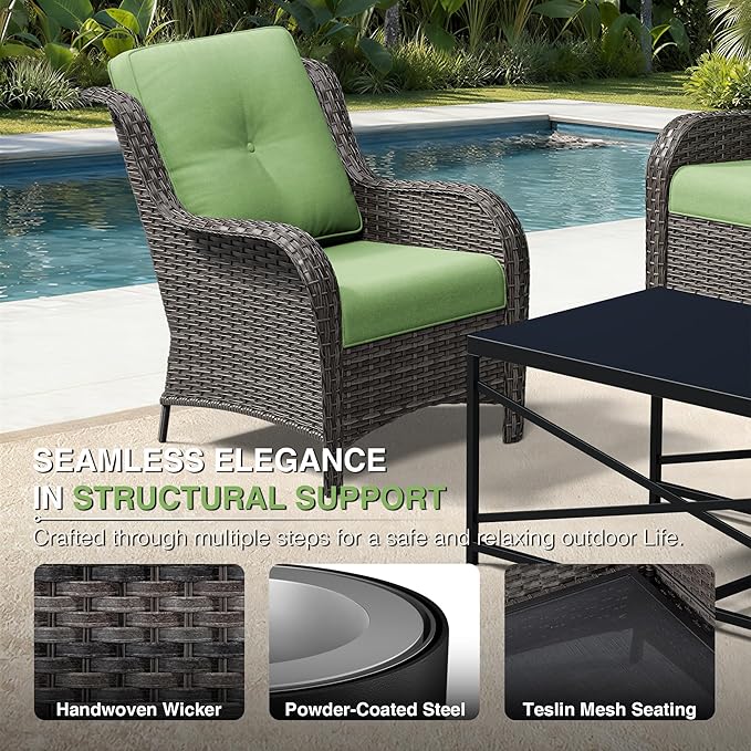 Joyside 5 Piece Wicker Patio Furniture Set, Rattan Patio Chairs with High Back, Deep Seating, Wide Armrest, Thickened Cushions, Outdoor Furniture for Deck, Porch Use