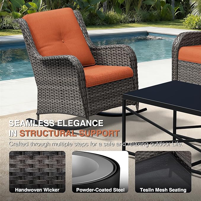 Joyside 3 Piece Wicker Patio Furniture Set, Outdoor Rocking Chair with High Back, Deep Seating, Wide Armrest, Thickened Cushions, Outdoor Rattan Furniture for Deck, Porch Use