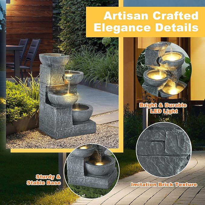 MAGIC UNION Outdoor Water Fountain, 4 Tiers Cascading Bowls Waterfall Indoor Fountain Garden Decor w/LED Lights, Outside Patio Resin Stacked Stones Fountains for Yard, Deck and Porch (Light Gray)