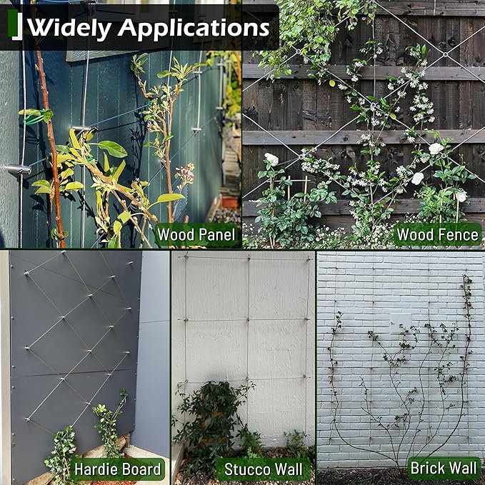 Acemaker Wire Trellis for Climbing Plants Outdoor, 20-Set Wall Wire Trellis Kit with 1/8in x 98ft Stainless Steel Cable, T316 Cylindrical Espalier System for Fence and Garden DIY Projects