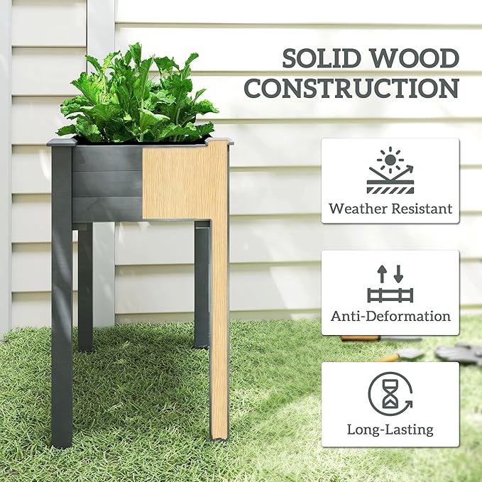 Outsunny Raised Garden Bed with Legs, 34" x 18" x 30", Elevated Wooden Planter Box, Self-Draining with Bed Liner for Vegetables, Herbs, and Flowers Backyard, Patio, Balcony Use, Dark Gray