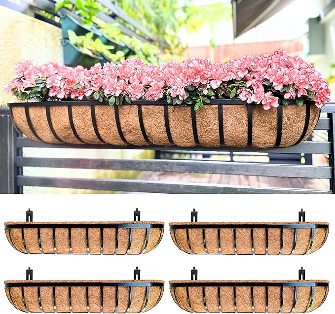 LaLaGreen Railing Planters Box (36", 4 Pack) Black Metal Rectangular Window Flower Box with Coco Liner, Extra Large Wall Hanging Planter for Outdoor Plants Deck Rail Fence Bracket Balcony Porch Decor
