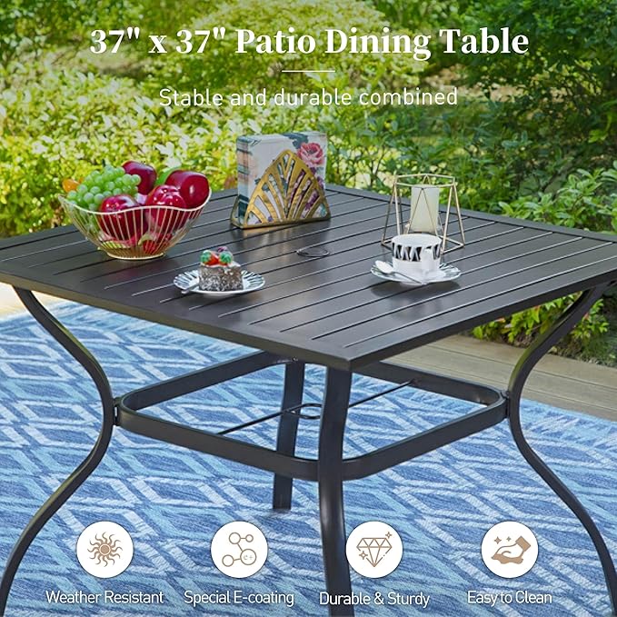 37" Patio Dining Table for 4, Square Patio Table with Umbrella Hole,E-Coating and Powder Coating Steel Frame Metal Outdoor Patio Table for Garden Backyard Lawn Yard