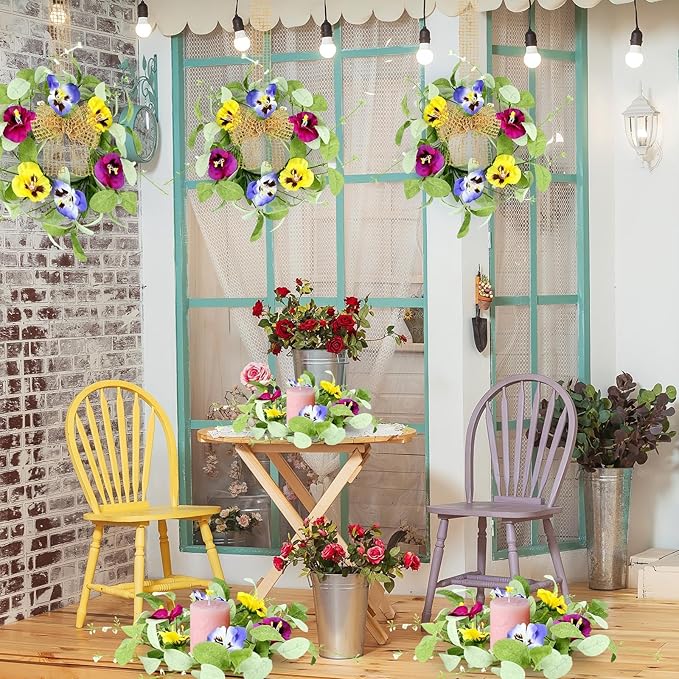 4 PCS Mini Spring Summer Kitchen Cabinet Wreaths Small Pansy Flowers Wreath for Front Door with Fern Branches Ribbon Small Flocked Lamb Ear Leaves Wreath for Indoor Outdoor Farmhouse Porch Wall Decor