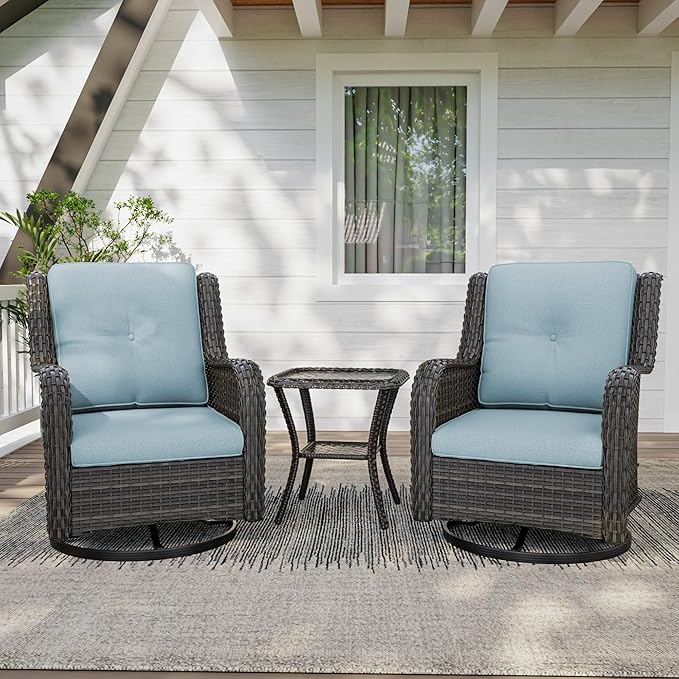 3 Piece Outdoor Wicker Patio Furniture Set, Swivel Rocker Patio Chairs Set with Thickened Olefin Cushions, High Back and Deep Seating, Hand-Woven PE Rattan for Porch, Deck