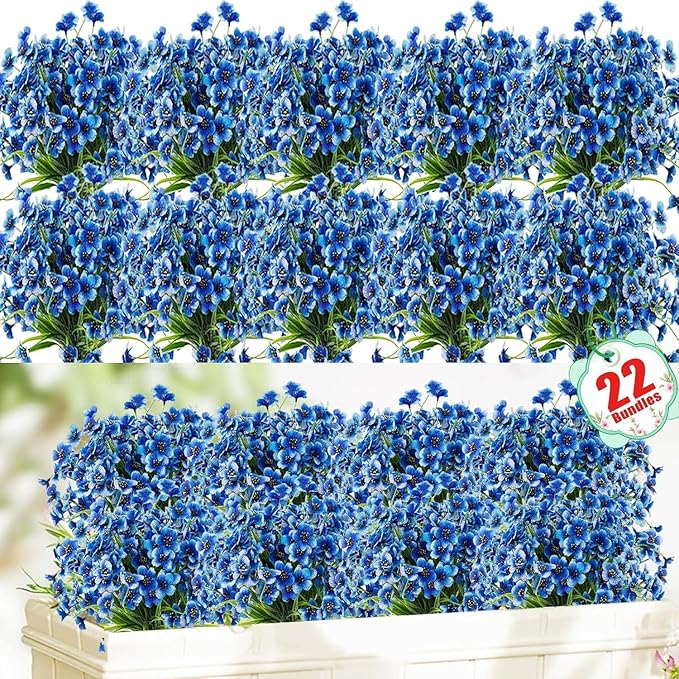 22 Pack Artificial Flowers Outdoor, Faux Flowers UV Resistant with Plastic Plants, Faux Silk Flowers for Outdoors Outside Front Porch Hanging Planter Window Box Garden Decoration(Blue)