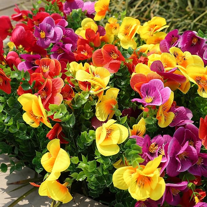Ivydale Artificial Flowers for Outdoor Decoration, 12 Bundles Fake Pansy UV Resistant Realistic Silk Flowers with Eucalyptus for Planter Front Door Garden Porch Patio Yard