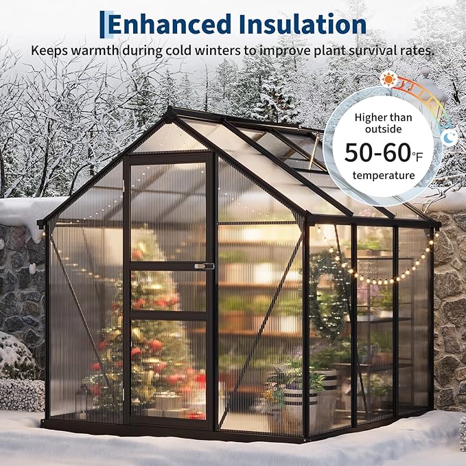 6x6 FT Outdoor Walk-in Greenhouse,All-Season Polycarbonate Garden Greenhouse with Reinforced Aluminum Frame, Roof Vent, Lockable Door & Easy Setup – Includes Ground Nails & Drainage(Black)