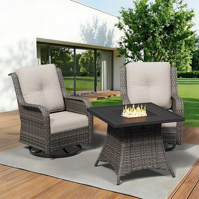 3 Pieces Outdoor Wicker Patio Furniture Set with Fire Pit Table, Swivel Rocker Patio Chairs Set with Thickened Cushions, High Back and Deep Seating, Hand-Woven PE Rattan for Porch, Deck