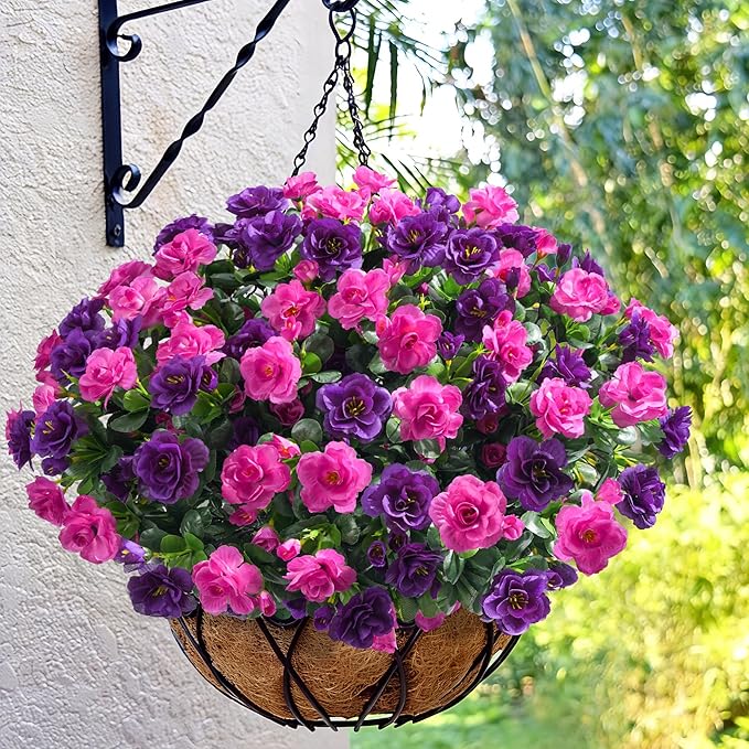 Artificial Fake Outdoor Flowers Plants, Faux Silk Camellia Bundles UV Resistant No Fade Realistic for Planter Pot Outside Porch Patio Balcony Garden Yard Home Decor, 3 Large Bundles (Purple+Fuchsia)