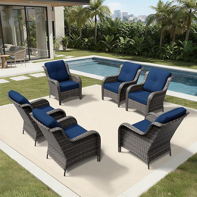Joyside 6 Piece Wicker Patio Furniture Set, Rattan Patio Chairs with High Back, Deep Seating, Wide Armrest, Thickened Cushions, Outdoor Furniture for Deck, Porch Use
