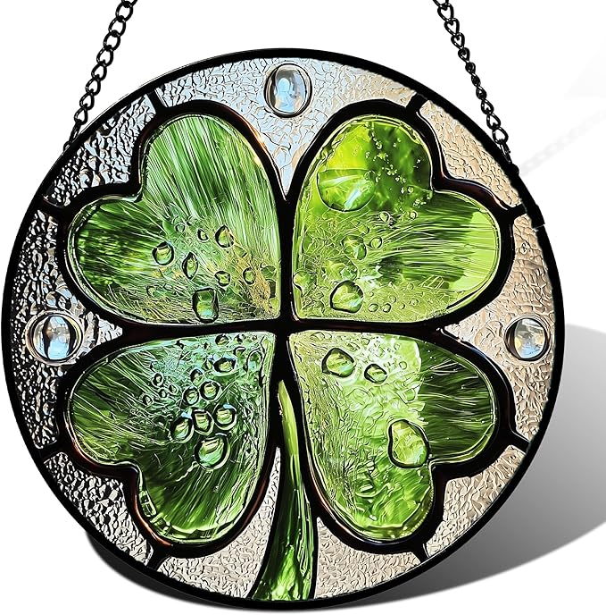 AMDERVEN Stained Glass Window Hanging - St. Patrick's Day Green Irish Themed Gifts Sun Catcher Door Home Clover Decor Suncatcher Christmas Mother's Day Birthday Gifts for Women Men Mom Nana 15 in