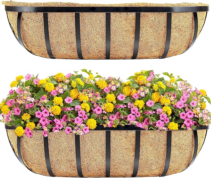 2pcs 24" Window Box Deck Railing Planter with Coco Liner, Metal Hanging Flower Planter Window Basket, Wall Planters Boxes with Horse Trough Coco Liner for Outdoor Indoor Balcony Porch Fence
