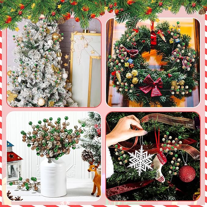 24 Pcs Christmas Glitter Berries Stems, 8.8" H Artificial Christmas Picks for Xmas Tree Ornaments, Holiday Wreath DIY Crafts, Xmas and Home Decor(Green, Brown, Beige)