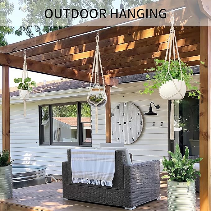 IDEEEPAN Macrame Plant Hanger - Fits 4 to 12 inches Pots for Indoor Outdoor, 44 Inch, 2 Pack, Ivory (POTS NOT Included)