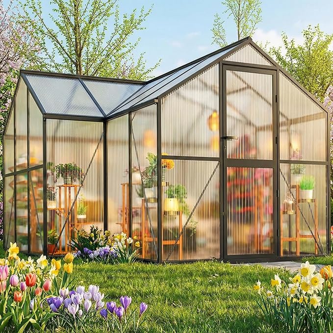 12X12 FT Greenhouse for Outdoors, Polycarbonate Walk-in Green House for Outside, Reinforced Aluminum Frame Greenhouses, Heavy Duty Garden, Patio, Backyard Flower Planting