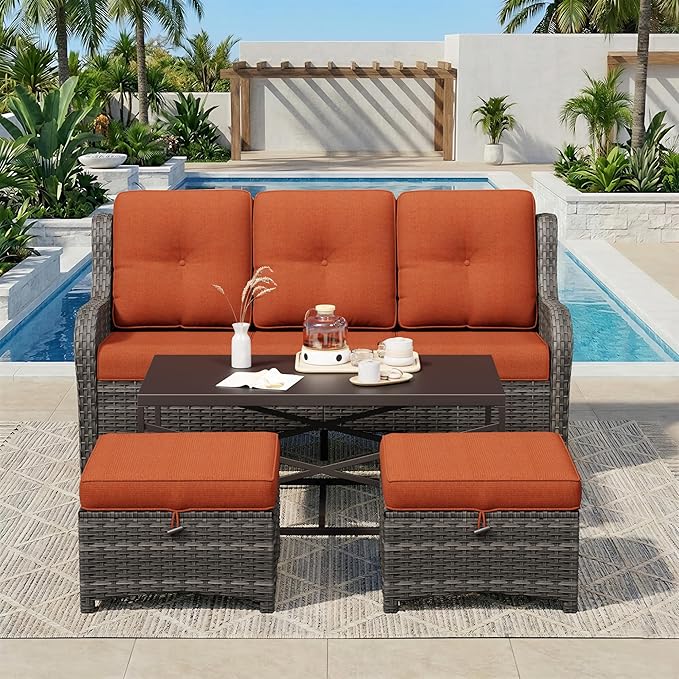 4-Piece Outdoor Couch Set, Includes Wicker Patio Sofa with Thickened Olefin Cushions, High Back and Deep Seating, Hand-Woven PE Rattan and 2 Ottomans, 1 Coffee Table for Porch, Deck