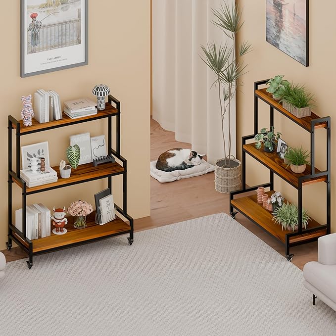 YCCO Plant Stand Indoor with Wheels 37” H, Rolling Plant Shelf Rack Outdoor,Metal Plant Stand with Solid Wood for Multiple Plants,Industrial Ladder Plant Flower Shelf for Garden,Living Room,Teak