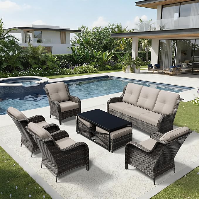 Joyside 8 Piece Wicker Patio Furniture Set, Rattan Patio Chairs with High Back, Deep Seating, Wide Armrest, Thickened Cushions, Outdoor Furniture for Deck, Porch Use