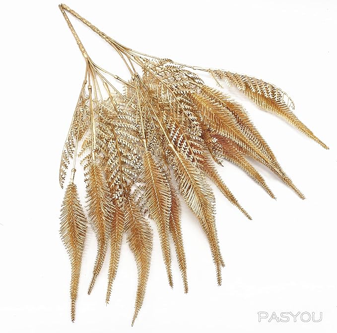 Fake Plants Christmas Decor, Artificial Golden Plant Fake Fern Shrubs Faux Plastic Leaves for Indoor Outdoor Home Garden Party Hall Wedding DIY Gold Foliage Decoration Tail Grass Bunches - 6 Pack
