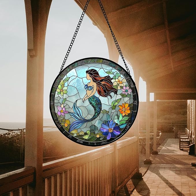 JOSUMALY Stained Glass Window Hanging - Light Blue Mermaid Suncatcher for Door Terrace Garden Home Decor, Ocean Flowers Sun Catcher Birthday Gifts for Lovers Women Men Dad Mom Nana 7.8 in