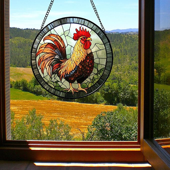 Stained Glass Window Hanging - Rooster Suncatcher for Doors Garden Patio Retro Colored Chicken Sun Catchers Decor Christmas Mother's Day Birthday Gifts for Women Men Mom Nana Friend 15 in