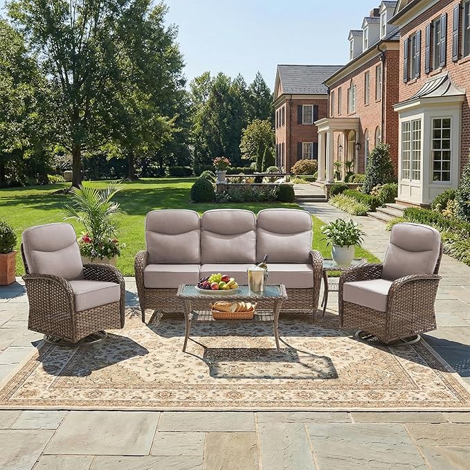 Luxury Patio Furniture Set with 6-inch Thick Cushions, Outdoor Furniture Set with High Back Swivel Chairs, 5 PCS Wicker Outdoor Conversation Set for Porch, Patio, Yard, Deck, Poolside, Brown/Beige