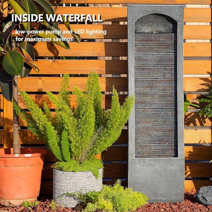 Modern Indoor Water Fountain Curved Faux Slate Waterfall Fountain with LED Lighting, 42.5-Inch Tall Tiered Waterfall Fountains for Garden, Patio, Backyard Decor - Durable and Weather-Resistant Design
