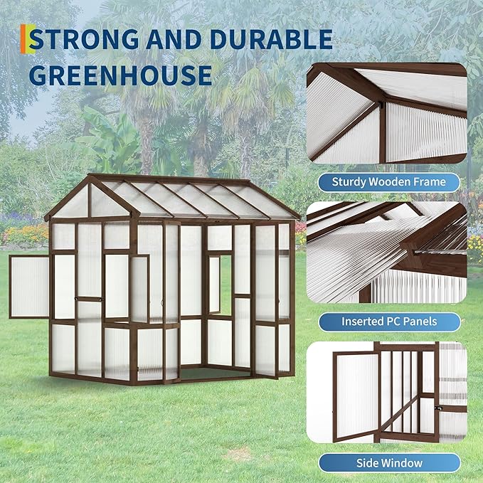 6x8 FT Heavy Duty Walk-in Wooden Greenhouse - Outdoor Green House Kit with 6mm Polycarbonate, Ventilated Window & Lockable Door for Backyard, Patio, Lawn