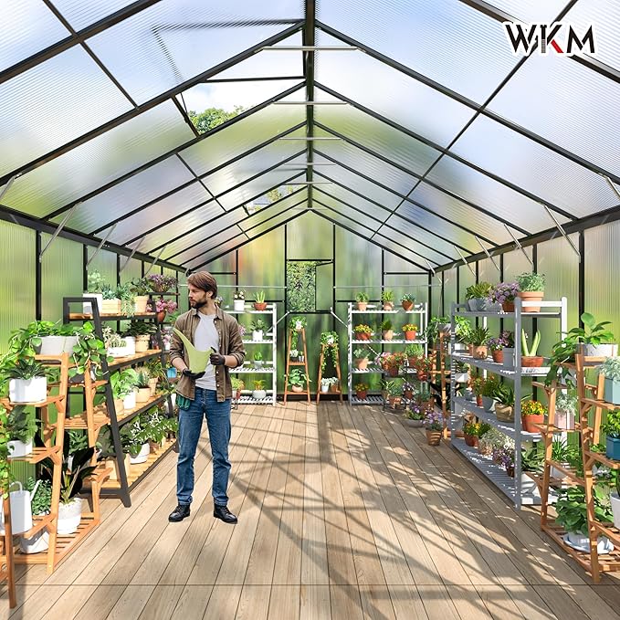 WKM 10x18 FT Greenhouse for Outdoors, Walk-in Polycarbonate Greenhouse with Quick Setup Structure and Roof Vent, Heavy Duty Green House for Outside Garden Backyard, Black