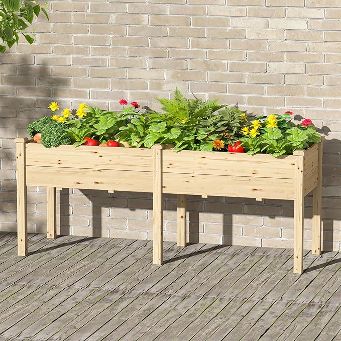 72x23x30in Raised Garden Bed with Legs, Outdoor Elevated Wood Planted Box with Divider Panel & Drainage Hole for Vegetable Flower, Backyard and Patio, Natural