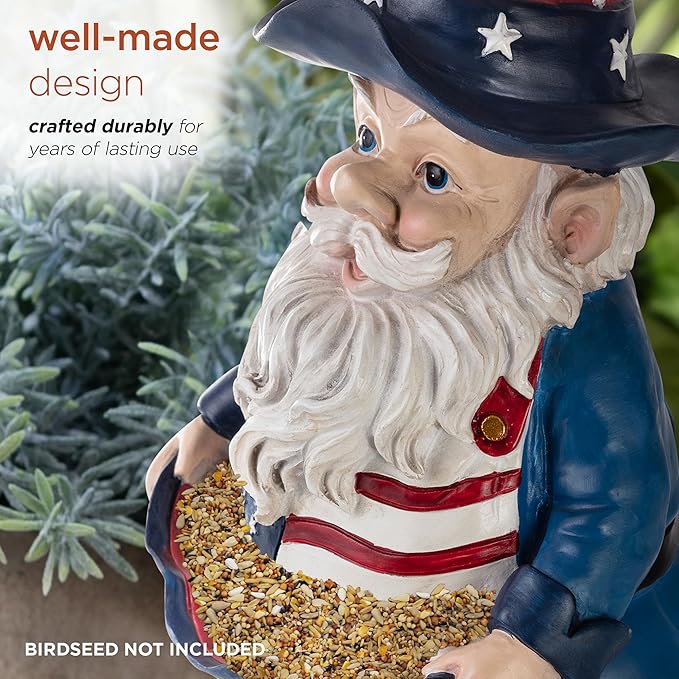 Alpine Corporation 12" Tall Outdoor Americana Garden Gnome with American Flag Bird Feeder and Yard Statue Decoration