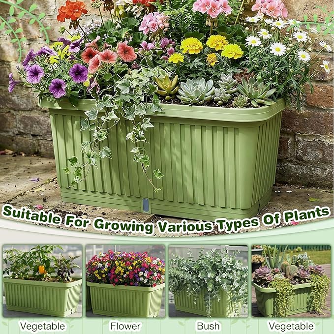 3 Pcs 20 Inches Large Planter Boxes Deep Rectangular Planter Boxes Outdoor Lightweight Plastic Planting Flower Pot with Drainage Holes Plant Pot for Patio, Courtyard, Lawn, Outdoor