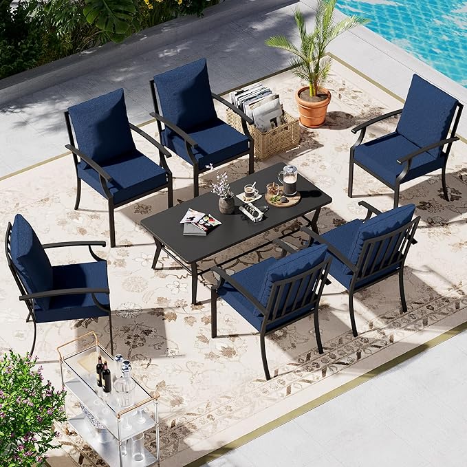 7-Piece Patio Furniture Set, Outdoor Furniture with All-Iron Rectangular Coffee Table and 6 Chairs with Thick Cushions, Metal Patio Table and Chairs Set for lawns, Patios and Backyards,Navy blue