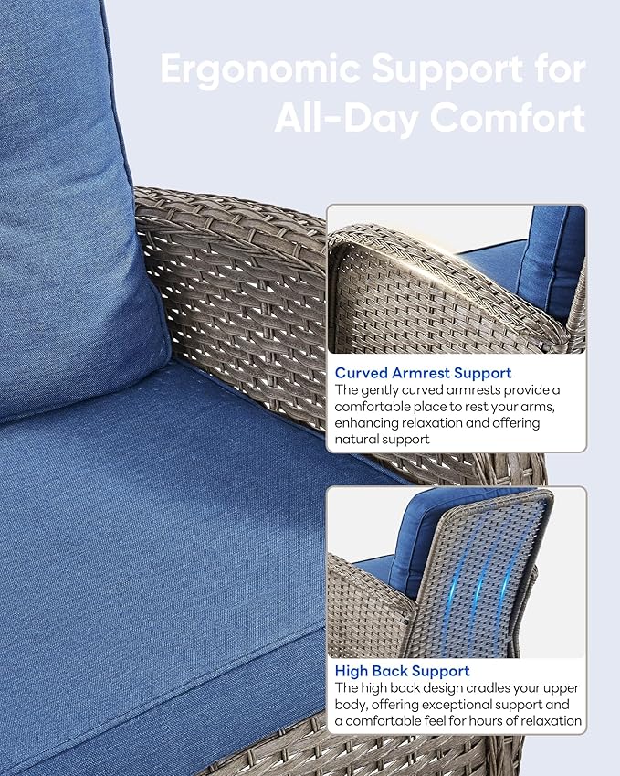 7 Pieces Patio Furniture-Patio Swivel Chairs Set of 2 Outdoor Glider Bench Rocking Chair with Patio Ottomans Patio Conversation Sets for Deck Porch Garden Balcony Poolside-Grey/Blue