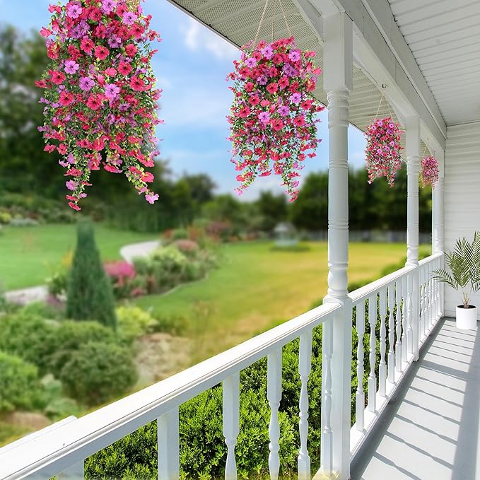 Artificial Fake Hanging Flowers Plants for Outdoor Outside Spring Summer Decoration 2PCS Faux Silk UV Resistant Realistic Mums Daisy with Eucalyptus for Home Porch Patio Balcony(Hot pink & Magenta)