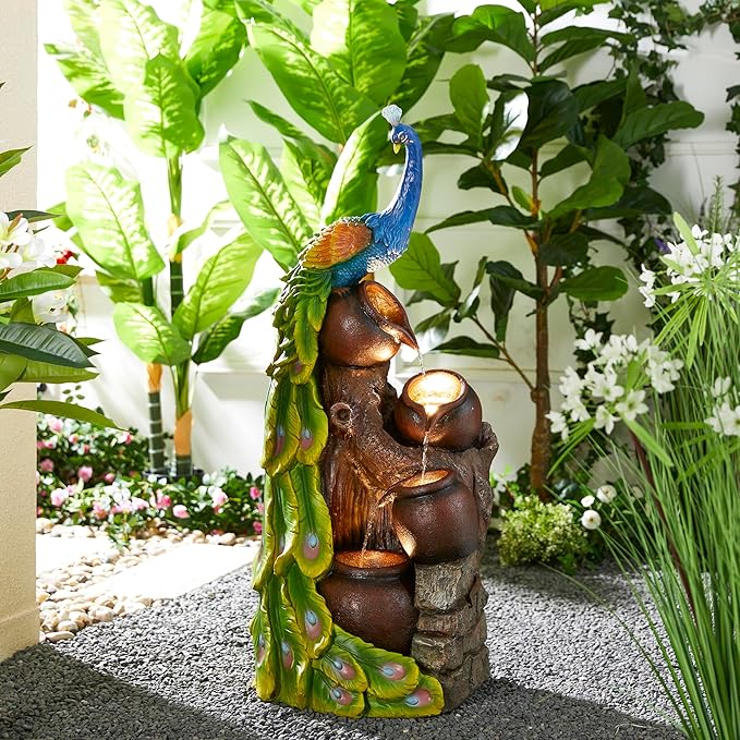 Glitzhome Oversized 4-Tiered Peacock and Jars Polyresin Outdoor Floor Fountain with Pump and LED Light, 40" H