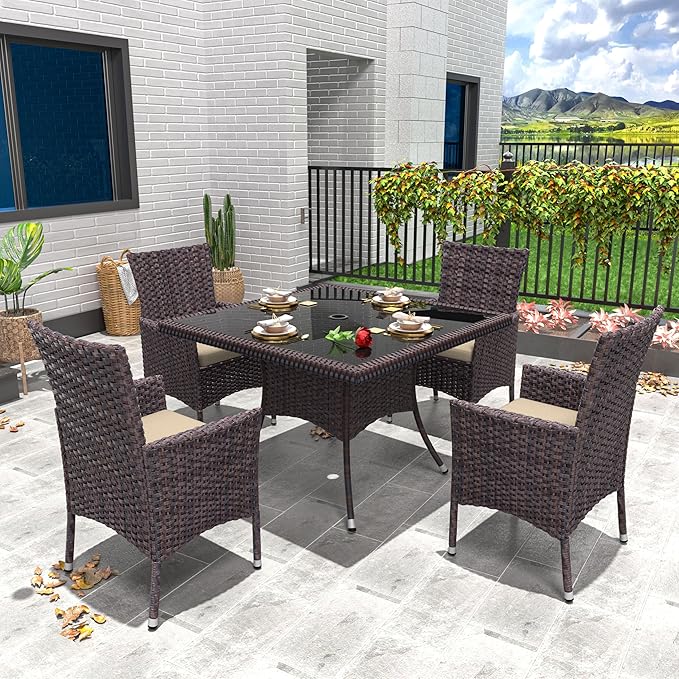 5 Piece Outdoor Dining Set,Rattan Patio Conversation Set of 4 Chairs,Patio Dining Table and Chairs w/Cushions,Square Glass Tabletop,Umbrella Cutout for Patio,Sand