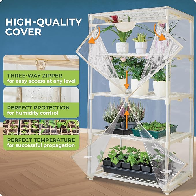 Carpathen Indoor Greenhouse with Grow Lights - 4 Tiers 27.2"L x 19.3"W x 54"H with 8 Dimmable 15W Full Spectrum LED Light Strips and Spectrum Control - Mini Greenhouse with Waterproof Zipped PVC Cover