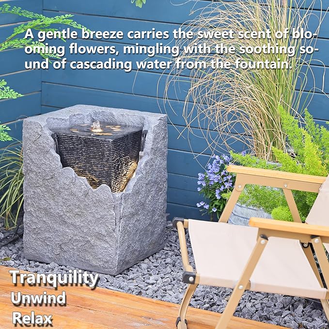 Garden Water Fountain Outdoor Bubbling Fountain Small Fountains Indoor Waterfall Floor Standing Water Fountains for Garden, Patio with LED Lights, Pump, Natural Stones