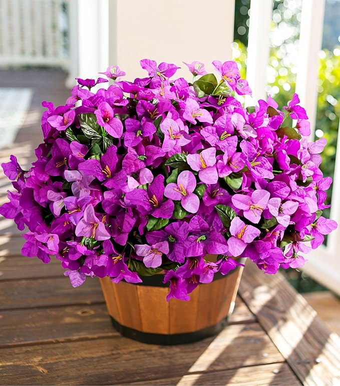 Ivydale Spring Artificial Flowers for Outdoors, 4 Bundles Fake Bougainvillea UV Resistant Faux Silk Flowers Realistic Outdoor Plants for Planter Patio Porch Window Garden Home Decor, Mixed Fuchsia